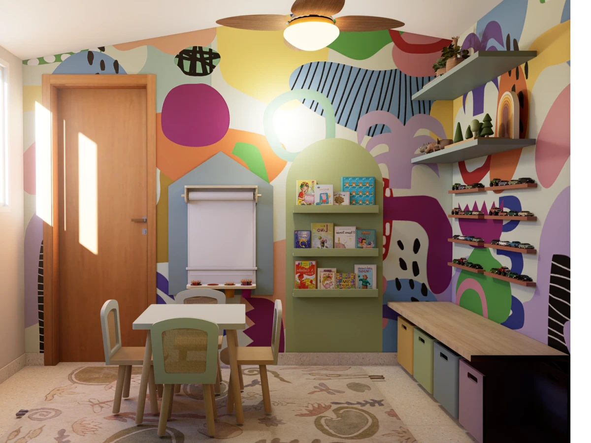 Projeto autoral Mavoo Casa Aurora com brinquedoteca lúdica, marcenaria sob medida e atmosfera acolhedora para a família.