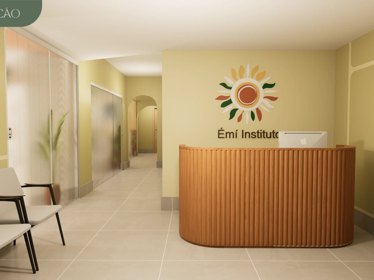 Projeto autoral Mavoo Instituto Èmí com recepção biofílica, iluminação acolhedora e estética serena.